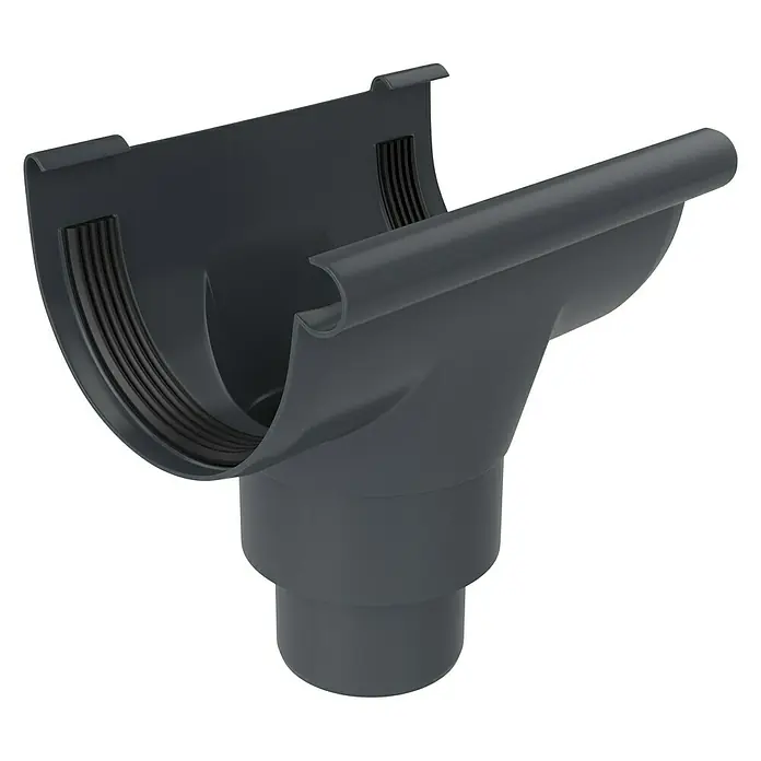FunkeGruppe Rinnenstutzen - 100/75 mm, Kunststoff, Anthrazit - Detaillierte Ansicht eines dunkelgrauen Dachrinnenabzweigs aus Kunststoff, der für Regenwasserableitung an Gebäuden verwendet wird.
