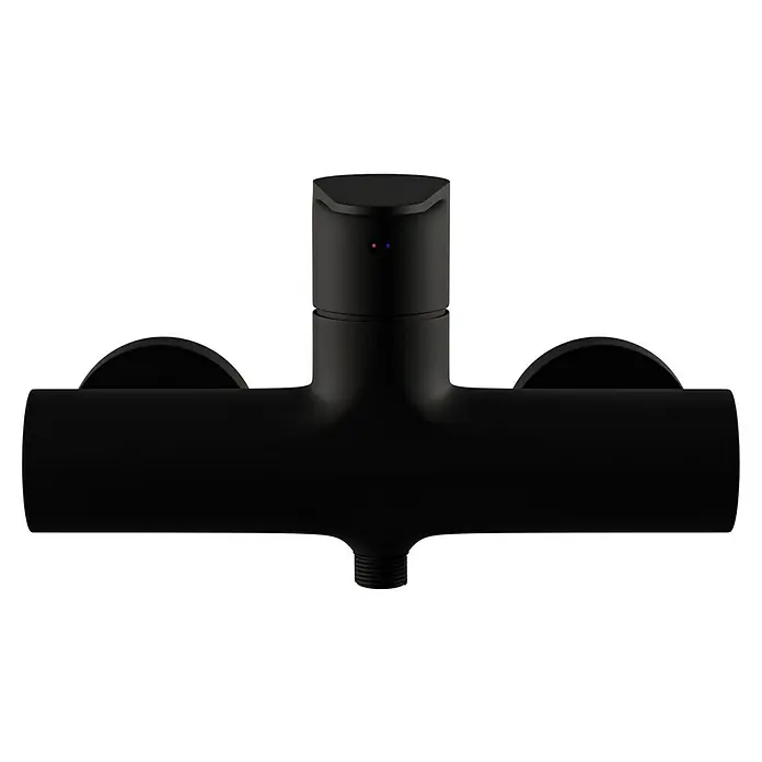 Camargue Elba Brausearmatur - Schwarz, Matt - Nahaufnahme einer mattschwarzen Duscharmatur mit Temperaturanzeige, die modernes Design und Funktionalität vereint.