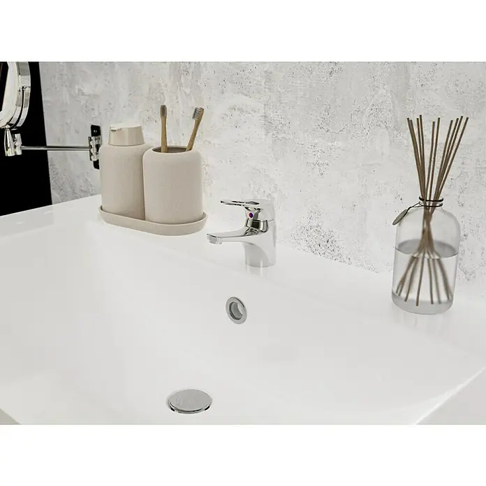 Mixomat Batoni Waschtischarmatur - Chrom, Glänzend - Badezimmerwaschbecken mit Armatur, Seifenspender, Zahnbürsten und Duftstäbchen für ein stilvolles und funktionales Ambiente.