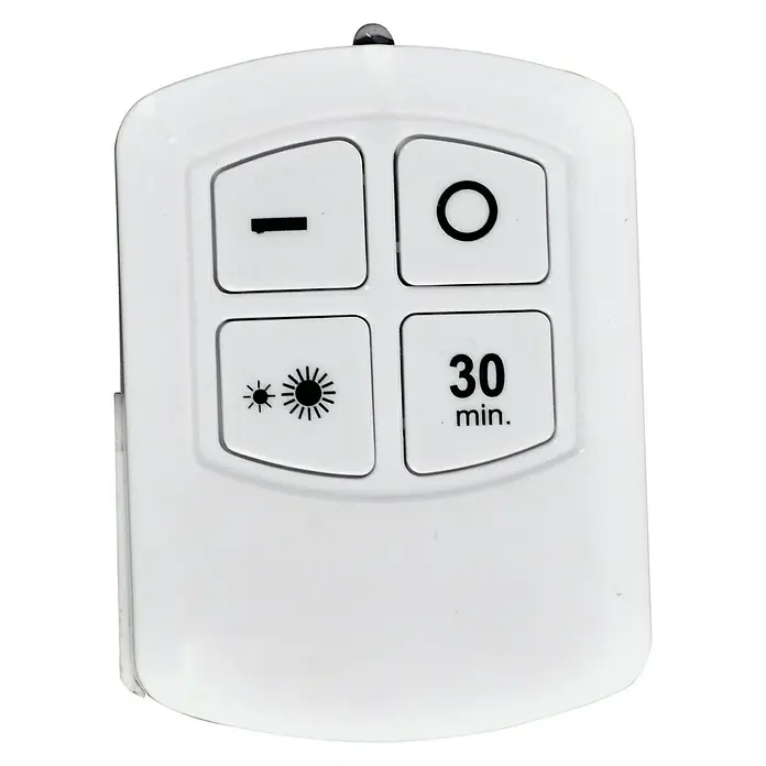Voltomat Luz a pilas Smart-Push-Light - Blanco, 3 ud. - Primer plano de un mando a distancia blanco con cuatro botones para controlar funciones como luz y temporizador.