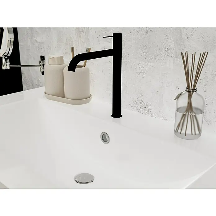 Camargue Grifo de lavabo Milano - Negro, Mate, Altura: 30,4 cm - El moderno lavabo con un elegante grifo negro y accesorios elegantes añade un toque de lujo y funcionalidad a la decoración del baño.