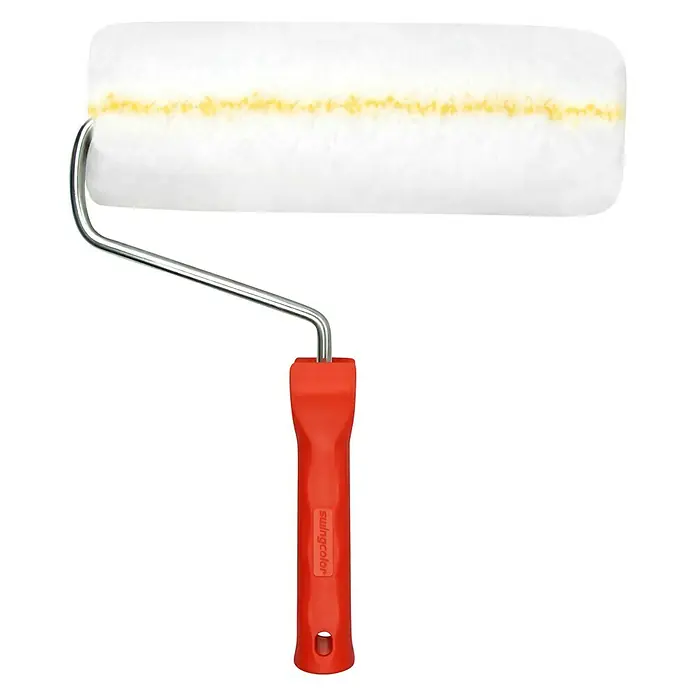 swingcolor Premium Fassaden-Farbroller - Breite Walze: 25 cm, Bügellänge: 28 cm, Bügelstärke: 8 mm - Ein Farbausroller mit einem weißen Zylinder und einem roten Griff. Ideal für gleichmäßiges Auftragen von Farbe auf Wände und Decken.
