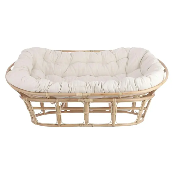 Sofá de jardín Barbados - L x An x Al: 167 x 104 x 74 cm, Marrón - Un cómodo sofá doble papasan hecho de ratán con cojines color crema. Perfecto para momentos relajantes en la sala de estar.