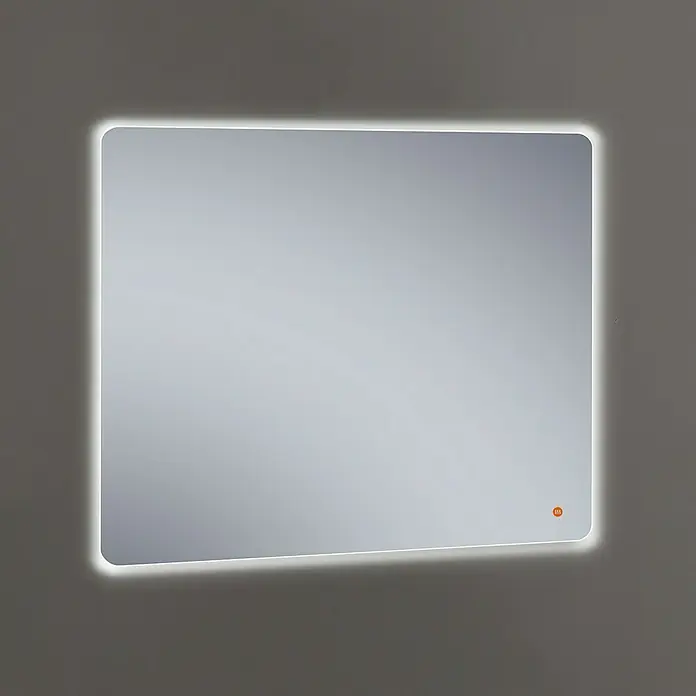 Camargue Espejo con luz Rómulo - An x Al: 100 x 80 cm - Espejo cuadrado iluminado con esquinas redondeadas colgando en una pared gris, proporcionando un diseño de baño moderno.