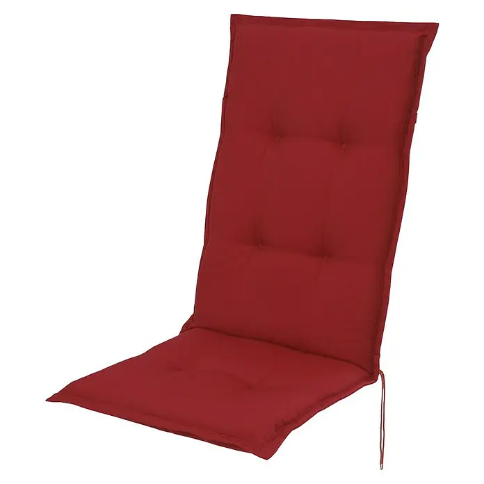 Sunfun Exclusive-Line Sitzauflage - Hochlehner, L x B x H: 120 x 50 x 6 cm, Polyester, Chili - Nahaufnahme eines roten Gartenstuhlpolsters mit Knopfdetails und Bindebändern.