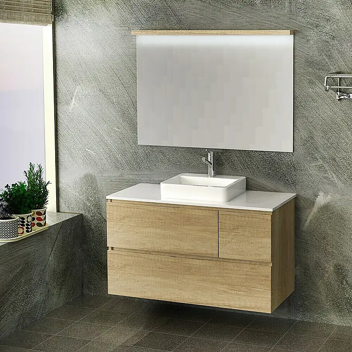 Artysan Mueble bajo de lavabo Tina Paris - An x Pr x Al: 120 x 46 x 64 cm, Nature - Elegante lavabo de baño con mueble de madera y lavabo rectangular sobre encimera, bajo un espejo iluminado.