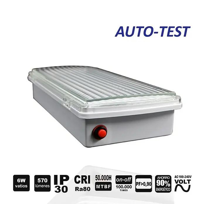 Panalight Luz de emergencia - 6 W, 6.000 K, 570 lm, Plateado - Imagen de una luz de emergencia con las inscripciones "Auto-Test, 6W, 570 lúmenes, IP30, CRI Ra80, MTBF 50.000H".