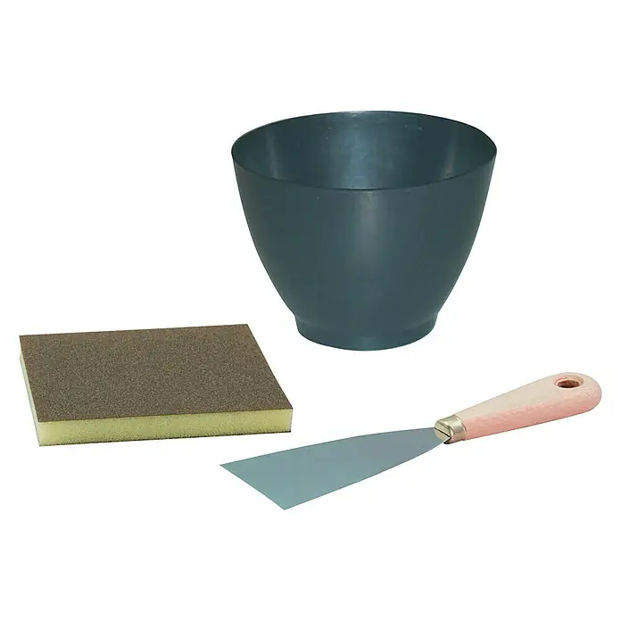 Kit básico de enmasillar - 3 pzs. - Juego con tazón de plástico, esponja de lija y espátula para diversos proyectos de bricolaje, ideal para alisar y preparar superficies.