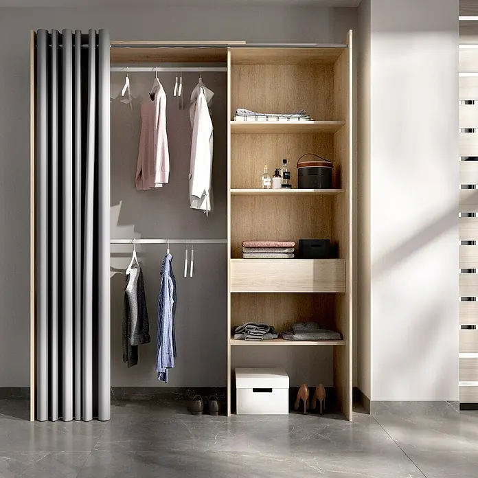 Dekit Armario para ropa Suit - L x An x Al: 50 x 160 x 205 cm, Natural, Melamina - Un espacioso armario con unidades para colgar y estanterías, perfecto para organizar ropa y accesorios con un estilo moderno.