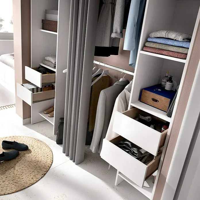Dekit Armario para ropa Suit - L x An x Al: 50 x 177,5 x 205 cm, Blanco, Melamina - Un vestidor moderno y abierto con cortinas correderas, cajones y estantes ofrece amplio espacio para ropa, zapatos y accesorios.