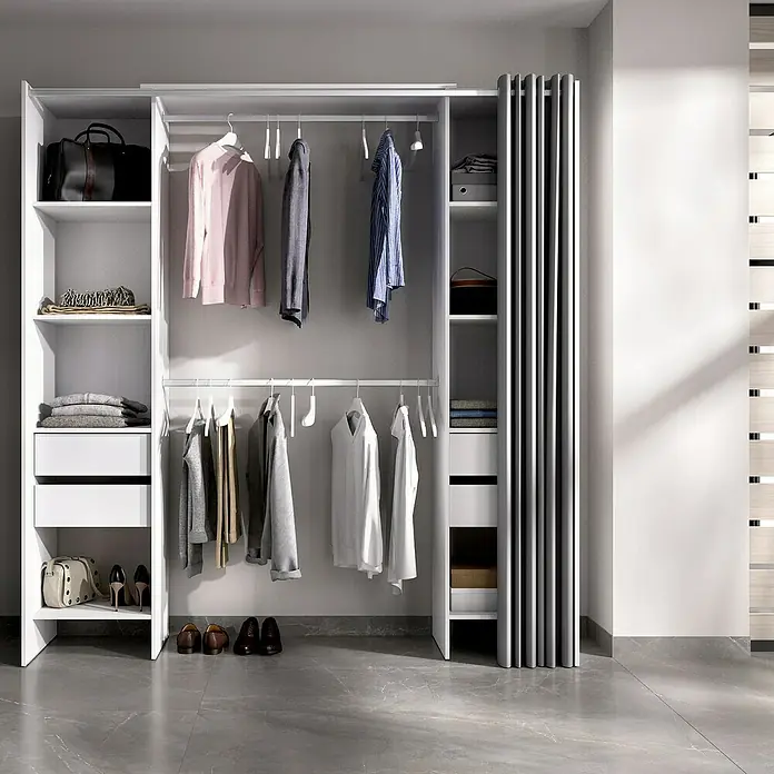 Dekit Armario para ropa Suit - L x An x Al: 50 x 177,5 x 205 cm, Blanco, Melamina - Un armario con muchos estantes, cajones y barras para la ropa ofrece mucho espacio de almacenamiento.