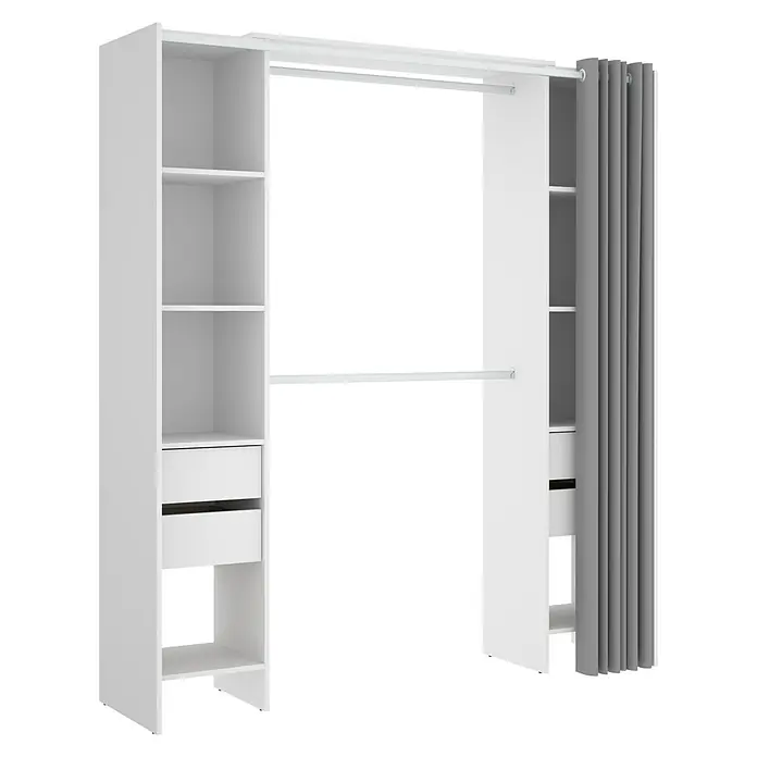 Dekit Armario para ropa Suit - L x An x Al: 50 x 177,5 x 205 cm, Blanco, Melamina - Conjunto de armario blanco con estantes, cajones y una cortina para guardar ropa y accesorios.