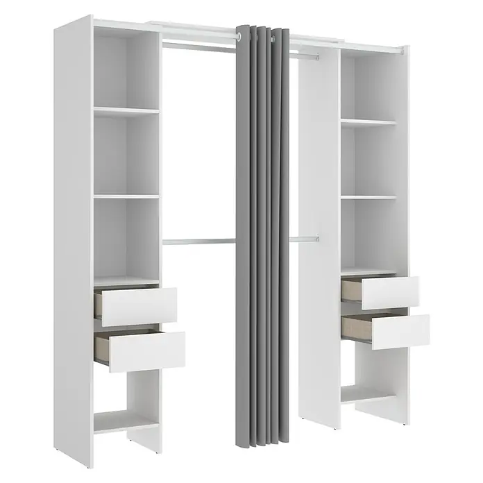 Dekit Armario para ropa Suit - L x An x Al: 50 x 177,5 x 205 cm, Blanco, Melamina - Un armario blanco con estantes, cajones y una separación de tela gris. El mueble ofrece mucho espacio de almacenamiento.