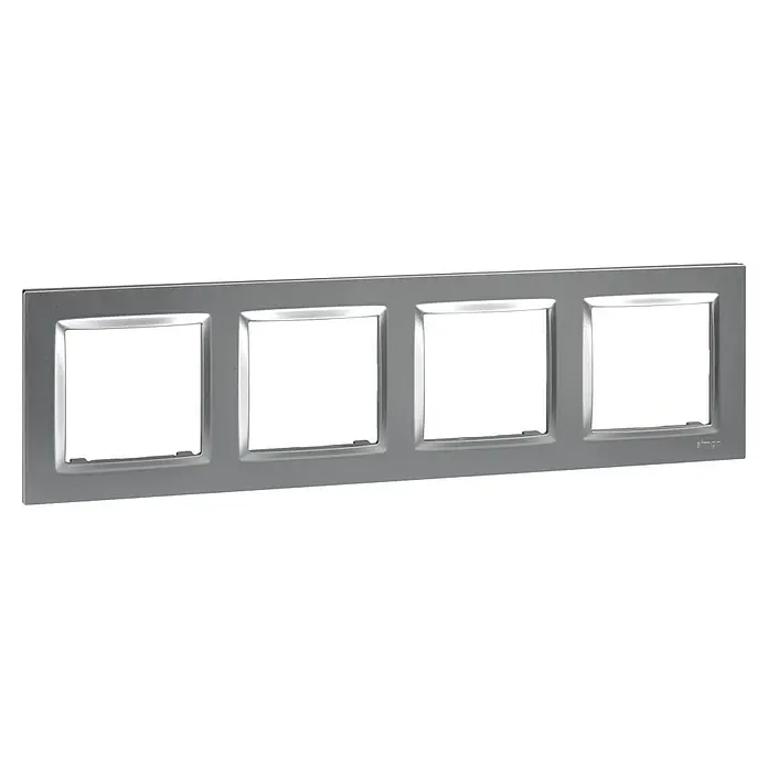 Simon 10 Marco - Aluminio, Modelo de mecanismos: x 4, Plástico, Colocar - Cubierta de marco plateada de 4 módulos para la integración elegante de interruptores y enchufes en hogares y oficinas.