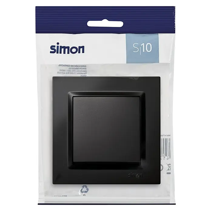 Simon 10 Pulsador - Negro, Montaje en superficie, 10 A - Interruptor de luz negro Simon S10 en su embalaje original.