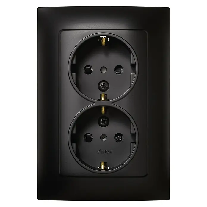 Simon 10 Enchufe doble - Negro, Plástico, Montaje en superficie - Un enchufe doble negro de Simon, perfecto para interiores modernos y un suministro de energía fiable.