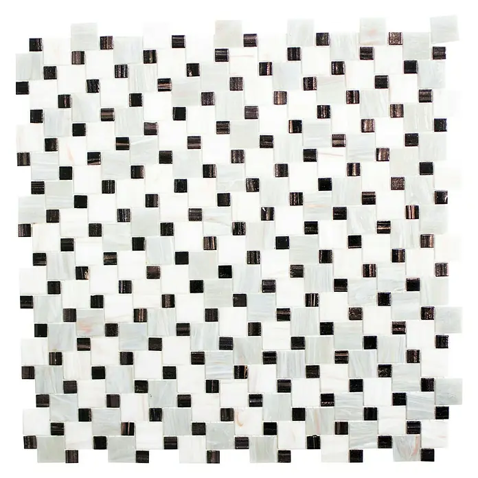 Mosaikfliese Mix Goldstar GM K01 - 31,8 x 31,8 cm, Grau/Weiß, Glänzend - Das Bild zeigt eine Nahaufnahme eines Mosaiks aus weißen und schwarzen quadratischen Fliesen, das sich ideal für Badezimmer oder Küchen eignet.