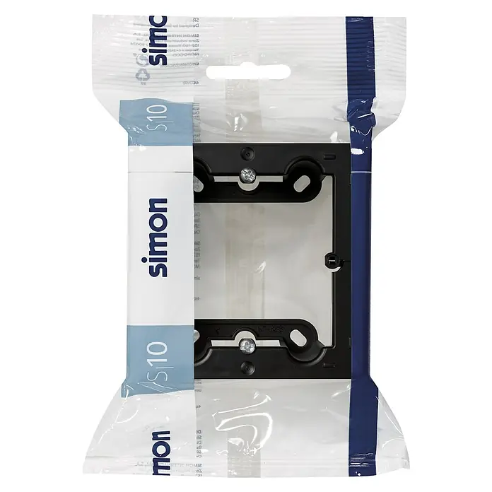 Simon 10 Caja de superficie - 4 x 8,4 x 8,4 cm, Colocar, Negro - Marco simple Simon S10 en negro, empaquetado en un envoltorio de plástico transparente con el logo y detalles azules de Simon.