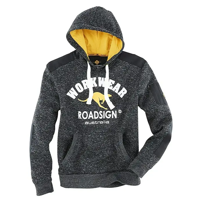Terrax Workwear Kapuzenpullover - L, Grau - Grauer Hoodie mit gelbem Futter, "WORKWEAR ROADSIGN australia"-Aufdruck und Känguru-Logo.