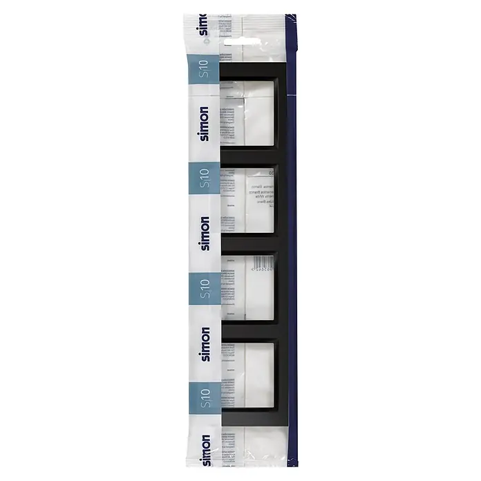 Simon 10 Marco - Negro, Modelo de mecanismos: x 4, Plástico, Colocar - Primer plano de un paquete de interruptores de luz Simon S10, conocido por su construcción de alta calidad y diseño elegante.