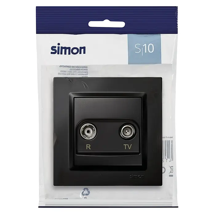 Simon 10 Toma TV Final - Negro, Colocar - Primer plano de una toma de antena de TV y radio negra Simon S10 en un embalaje sellado, lista para su instalación.
