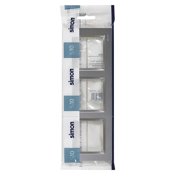 Simon 10 Marco - Aluminio, Modelo de mecanismos: x 3, Plástico, Instalar - La imagen muestra una cubierta de interruptor triple de Simon S10, ideal para interiores modernos. Su diseño elegante mejora cualquier habitación.
