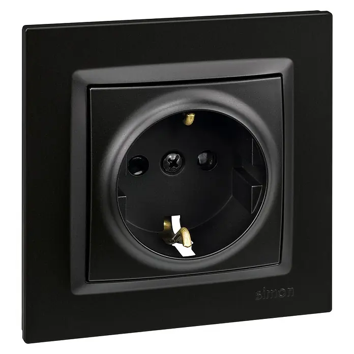 Simon 10 Enchufe Schuko - Negro, Plástico, Montaje en superficie - Enchufe negro Simon con apertura redonda y contactos dorados, ideal para interiores modernos y un suministro de energía seguro.