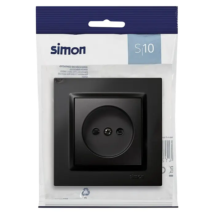 Simon 10 Enchufe bipolar - Negro, Plástico, Montaje en superficie - Enchufe negro Simon S10 en su embalaje original.
