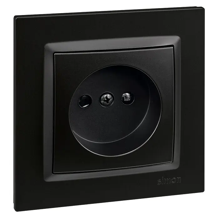 Simon 10 Enchufe bipolar - Negro, Plástico, Montaje en superficie - Enchufe negro Simon con marco cuadrado, un detalle elegante para interiores modernos. Perfecto para instalaciones eléctricas con estilo.