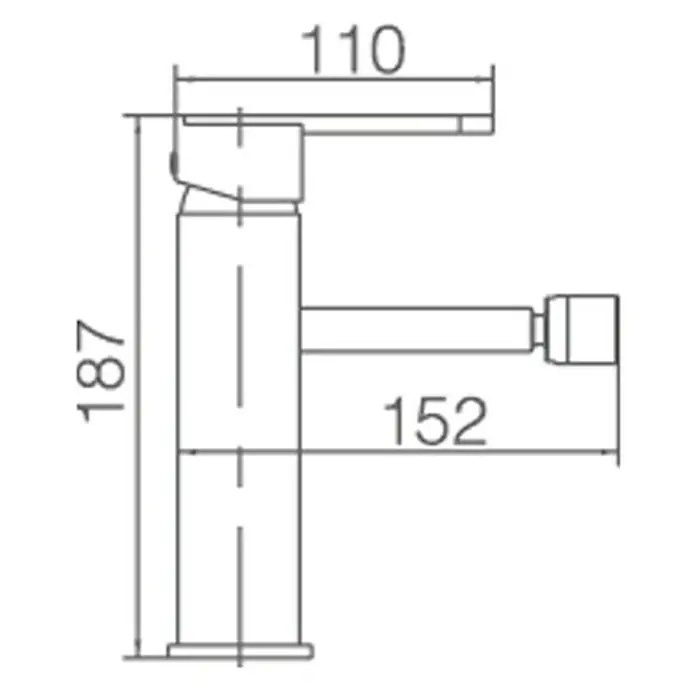 Camargue Sabati Grifo monomando de bidé - Negro - Un dibujo técnico de un grifo con dimensiones de 187 mm de alto, 110 mm de proyección y 152 mm de profundidad.