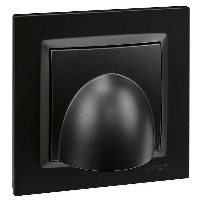 Simon 10 Tapacables salida cables - Plástico, Negro - Primer plano de un aplique de pared negro de Simon, que combina diseño moderno con iluminación funcional en un paquete elegante.
