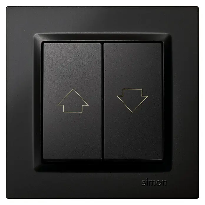 Simon 10 Tecla de control de persiana - Negro, Montaje en superficie, 10 A - Interruptor negro Simon con dos botones con símbolos de flecha para funciones arriba y abajo, ideal para control de persianas.
