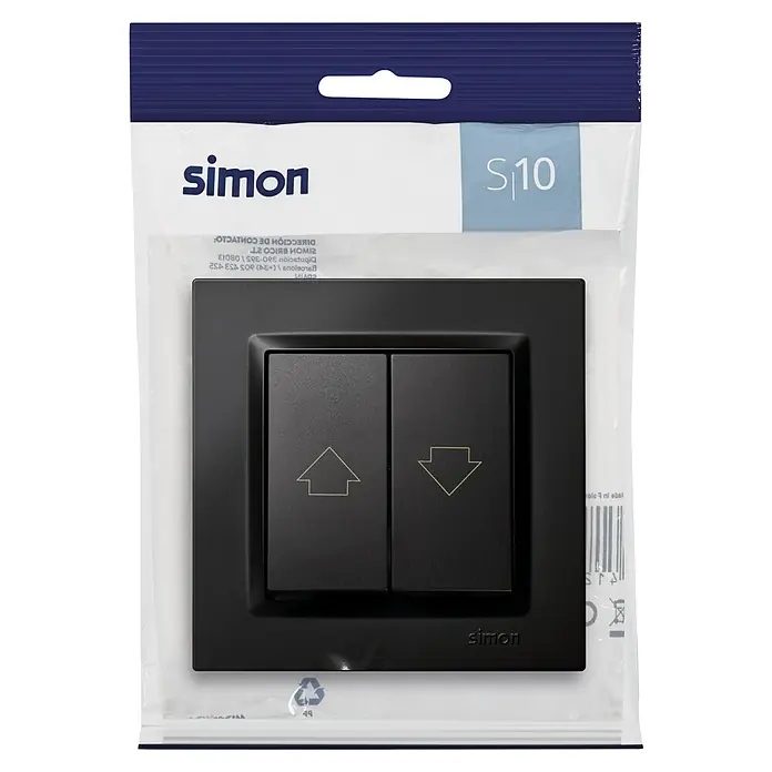 Simon 10 Tecla de control de persiana - Negro, Montaje en superficie, 10 A - Interruptor de persiana negro Simon S10 empaquetado con símbolos de flecha para función subir y bajar.