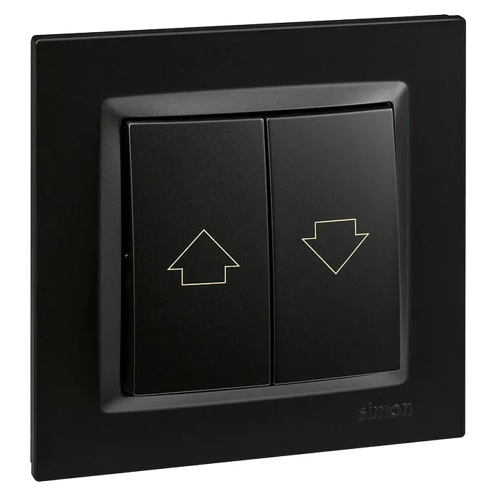 Simon 10 Tecla de control de persiana - Negro, Montaje en superficie, 10 A - Interruptor doble negro Simon con símbolos de flecha arriba/abajo, ideal para controlar persianas o estores. Diseño elegante para interiores modernos.