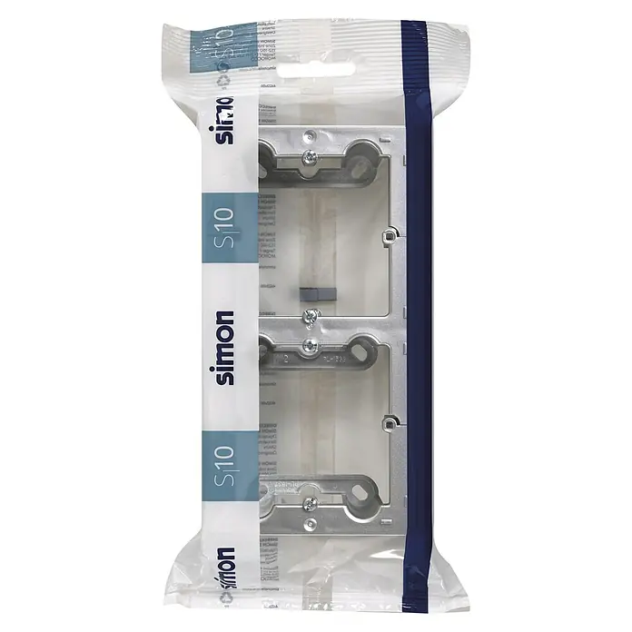 Simon 10 Caja de superficie - 4 x 8,4 x 12 cm, Colocar, Aluminio - Una caja de dispositivo doble Simon S10 empaquetada, que muestra ambos marcos de montaje con tornillos de fijación y la etiqueta de la marca.