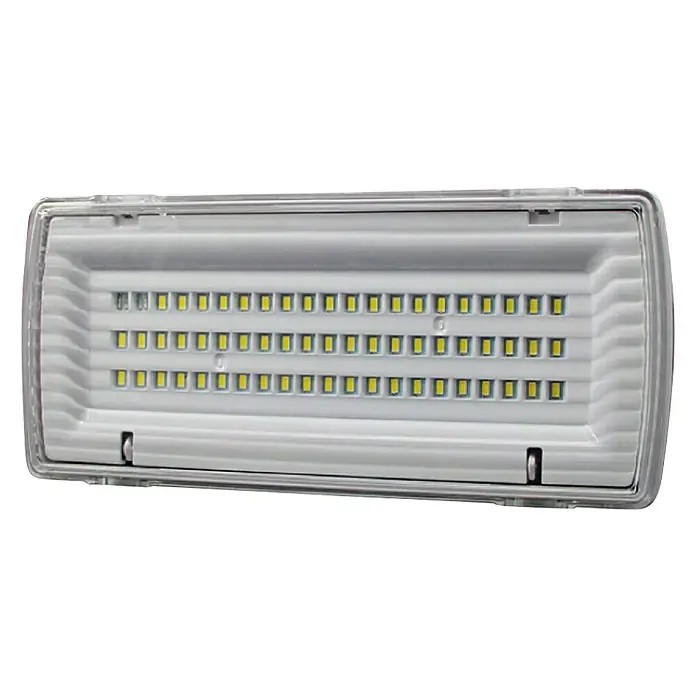 Panalight Luz de emergencia - 6 W, 6.000 K, 570 lm, Plateado - Primer plano de una luz de emergencia LED blanca con una carcasa transparente. El diseño elegante presenta una matriz de luces LED rectangulares.