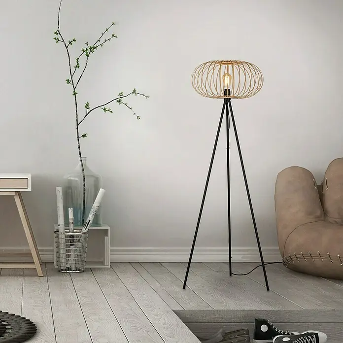 Just Light Racoon Stehleuchte - 40 W, Höhe: 150 cm, Schwarz, natur, E27 - Die elegante Stehlampe mit einem filigranen, goldenen Lampenschirm und einem schlanken, schwarzen Stativfuß setzt moderne Akzente.