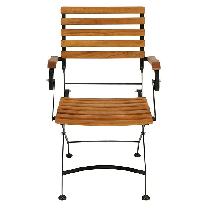 Sunfun Moni Gartenstuhl - Mit Armlehnen, Akazie, Klappbar, Schwarz, Naturbraun, B x T x H: 57 x 55 x 88 cm - Eine elegante Gartenstuhl-Ansicht, die Holz und Metall für einen klassischen und dennoch modernen Look kombiniert. Ideal für den Außenbereich.