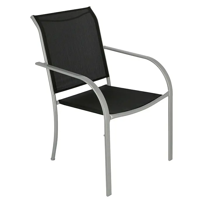Sunfun Amy Gartenstuhl - Stapelbar, Schwarz, Silber, B x T x H: 56 x 66 x 86 cm - Nahaufnahme eines eleganten Gartenstuhls mit Aluminiumrahmen und schwarzer Netzbespannung für entspannte Stunden im Freien.