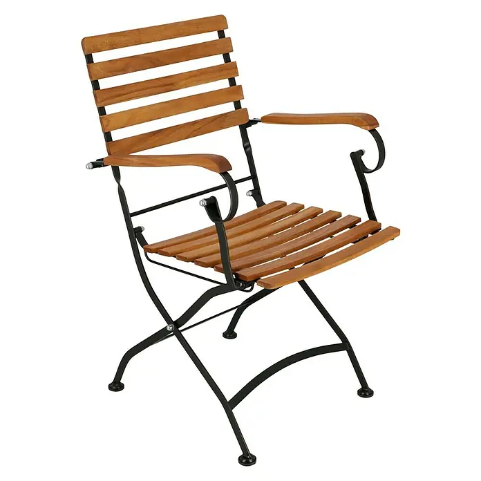 Sunfun Moni Gartenstuhl - Mit Armlehnen, Akazie, Klappbar, Schwarz, Naturbraun, B x T x H: 57 x 55 x 88 cm - Abbildung eines Klappstuhls mit Holzsitzelementen und Armlehnen, ideal für den Garten oder die Terrasse. Stabiles schwarzes Metallgestell.