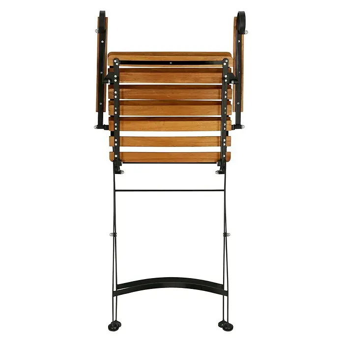 Sunfun Moni Gartenstuhl - Mit Armlehnen, Akazie, Klappbar, Schwarz, Naturbraun, B x T x H: 57 x 55 x 88 cm - Ansicht eines Klappstuhls aus Holz und Metall. Ideal für Balkon oder Terrasse, platzsparend verstaubar.