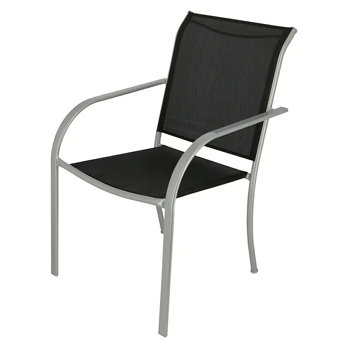 Sunfun Amy Gartenstuhl - Stapelbar, Schwarz, Silber, B x T x H: 56 x 66 x 86 cm - Nahaufnahme eines modernen, silberfarbenen Stuhls mit schwarzer Sitzfläche und Rückenlehne. Ideal für den Außenbereich.