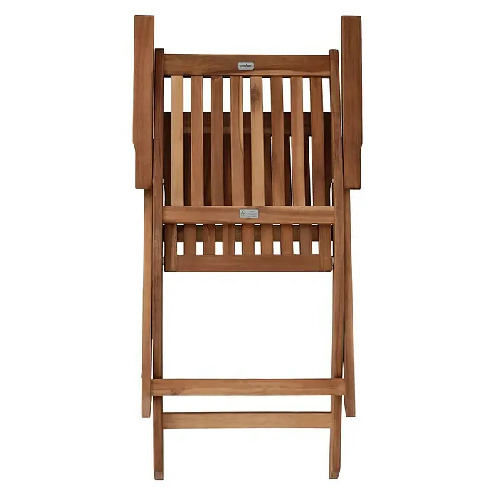 Sunfun Diana Gartenstuhl - Akazie, Mit Armlehnen, Klappbar, Natur, B x T x H: 55 x 58 x 90 cm - Nahaufnahme eines Sunfun Klappstuhls aus Holz, ideal für Garten und Balkon. Er besticht durch seine robuste Bauweise und platzsparende Lagerung.