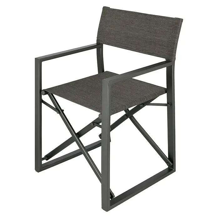 Sunfun Maja Gartenmöbel-Set - 8 -tlg., Baumkante/X-Gestell, Teak/Edelstahl/Aluminium/Textilen, Teak/Grau/Anthrazit - Ein grauer Regiestuhl mit Armlehnen und einem klappbaren Gestell. Das Metallgestell und die Sitzfläche sind aus grauem Stoff gefertigt.