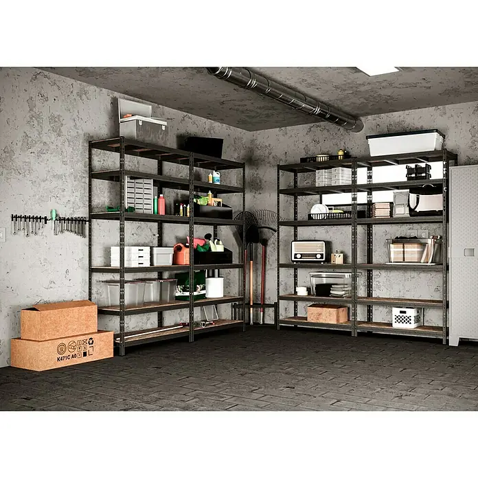 Regalux Schwerlastregal - H x B x T: 200 x 100 x 45 cm, Traglast pro Boden: 250 kg, Anzahl Böden: 6 Stk., Stecken, Anthrazit - Lagerregale mit mehreren Regalen zur Aufbewahrung von Werkzeugen, Kisten und anderen Gegenständen in einer Garage.