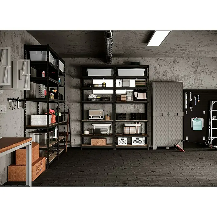 Regalux Schwerlastregal - H x B x T: 226 x 90 x 45 cm, Traglast pro Boden: 200 kg, Anzahl Böden: 7 Stk., Stecken, Anthrazit - Werkstatt mit Regalen und Aufbewahrungsschränken, die eine organisierte und effiziente Raumnutzung ermöglichen.