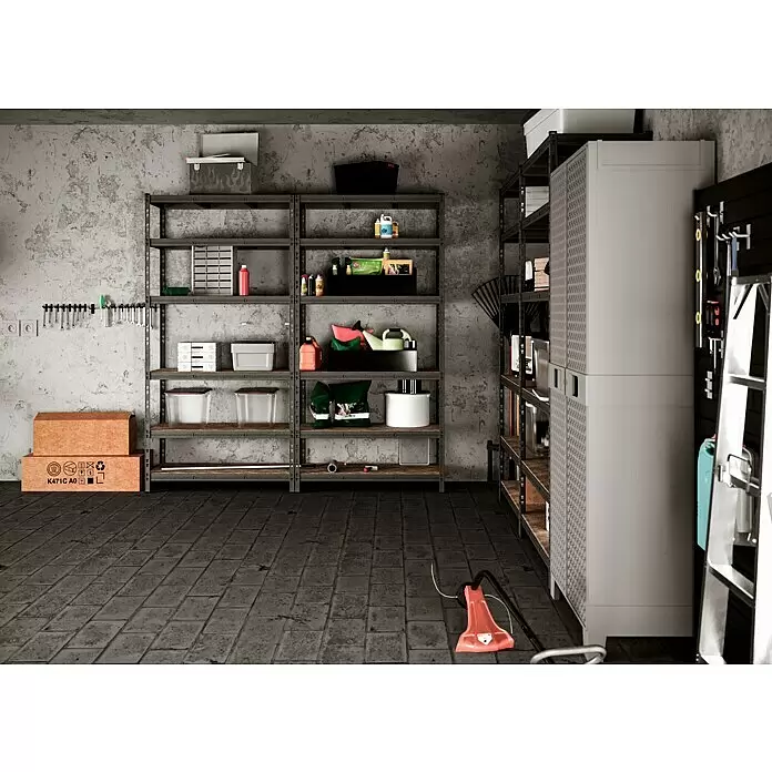 Regalux Schwerlastregal - H x B x T: 200 x 100 x 45 cm, Traglast pro Boden: 250 kg, Anzahl Böden: 6 Stk., Stecken, Anthrazit - Praktische Metallregale und Lagerschränke organisieren eine Garage effizient, zur Aufbewahrung von Werkzeugen und Haushaltsartikeln.