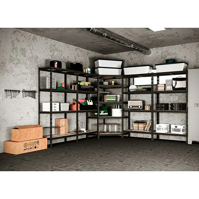 Regalux Eckregal - H x B x T: 180 x 75 x 45 cm, Traglast pro Boden: 200 kg, Anzahl Böden: 5 Stk., Stecken, Schwarz - Lagerraum mit Regalen voller Lagerbehälter und Werkzeuge für eine optimale Organisation.