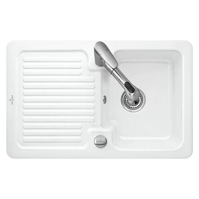 Villeroy & Boch Einbauspüle Condor - 80 x 51 cm, Keramik, Weiß - Weiße Küchenspüle mit Abtropffläche und Einzelbecken, ausgestattet mit einer chromfarbenen Ausziehbrause und runder Abflusssteuerung.