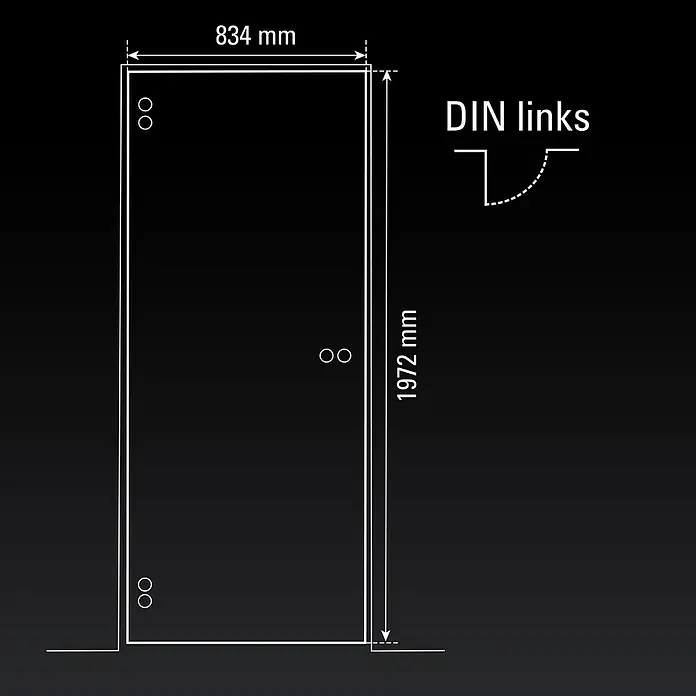 Diamond Doors Glasdrehtür 591_2 - 834 x 1.972 mm, DIN Links, Einscheibensicherheitsglas (ESG) - Darstellung einer Duschkabine mit den Maßen 834 mm Breite und 1972 mm Höhe, inklusive DIN-Links-Angabe.
